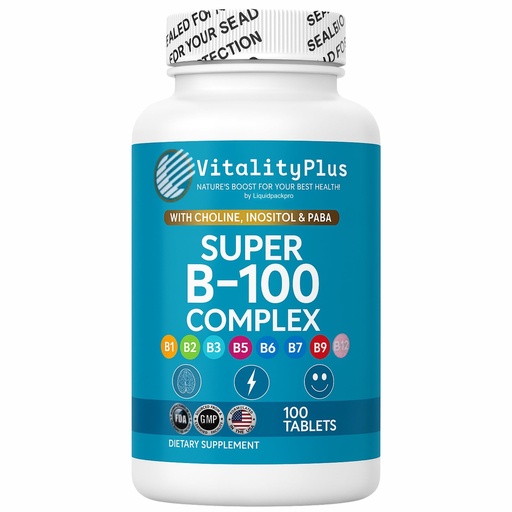 [BRSRAHA6CQBBSGTO] Super B-100 Complex – All B Vitamins Including B12, B1, B2, B3, B5, B6, B7, B9, Folate – High Potency B-Vitamins with Choline, Inositol & PABA – Energy & Metabolism Support – 100 Tablets