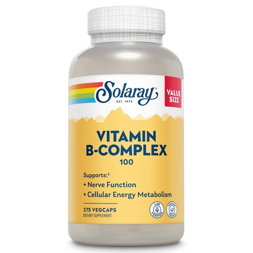 [BRSRMAY5AB5QKE3U] SOLARAY Vitamin B Complex 100mg - Cellular Energy, Nerve and Heart Health Support - Supplies All 8 B Complex Vitamins - Vitamin B12, B1, B2, B3, B6, Niacin, Folic Acid and Biotin - Vegan, 275 Servings