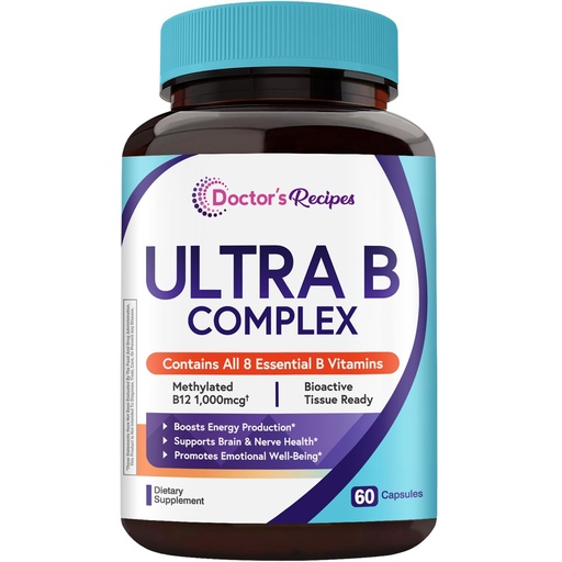 [BRSREFIYA4HAYF3F] Doctor's Recipes Ultra B Complex Vitamins for Women and Men, with Methylated B12 1000mcg, B6, B1, Folic Acid, for Energy Metabolism, Nerve & Mood Support, Vegan, 60 Capsules, 30 Day Supply