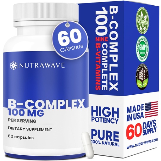 [BRSROHQDBYIBOAL7] Nutrawave Vitamin B Complex – Super B-100 Vitamins Supplement for Women & Men with B1, B2, B3, B5, B6, B7, B9, B12, Choline & Inositol – Supports Energy & Nervous System – Non-GMO, Vegan – 60 Capsules