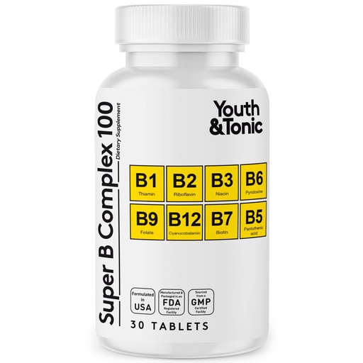 [BRSWYELQOF7WGYA4] Youth & Tonic Super B Complex B-100 with Choline, Inositol & PABA – High Potency B1, B2, B3, B5, B6, Biotin & B12 – Energy, Mental Clarity, Stress & Nervous System Support – 1-Month Supply