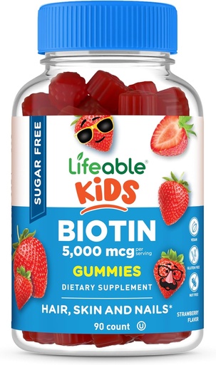 [BRSW2AAQOQFQ2H32] Lifeable Sugar Free Kids Biotin Gummies | 5000mcg | 훌륭한 타스팅 Biotin Supplement | 머리 성장, 피부, 네일 건강에 대한 Biotin Gummies | 아이, 소년, 소녀를위한 헤어 비타민 | 90 Gummies
