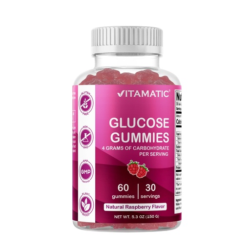 [BRSRMCYRDIPBU3DB] Vitamatic Glucose chewable Gummies - 60 Count - Natural Raspberry Flavor - 4G of Carbohydrate per Serving (1 Bottle)