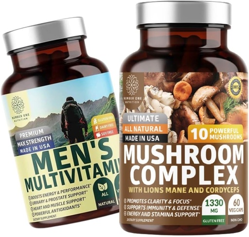 [BRSRAHQ6CENBO2Y4] Number One Nutrition N1N Premium Mushroom Complex [10X Powerful Mushrooms] and Men's Daily Multivitamin [35 Potent Ingredients], 2 Pack Bundle