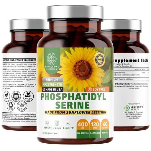 [BRSRABI5OB4AIC3K] Number One Nutrition Premium Phosphatidylserine 400mg, Derived from Sunflower Lecithin to Help Support Memory, Focus & Cognition Naturally, Soy Free, 120 Veg Caps
