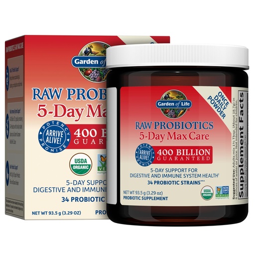 [BRSWIEY3OMHQMHD2] Garden of Life Raw Probiotics 5-Day Max Care - 400 Billion CFU - Probiotic Powder for Digestive & Immune Support - Banana, 5 Servings