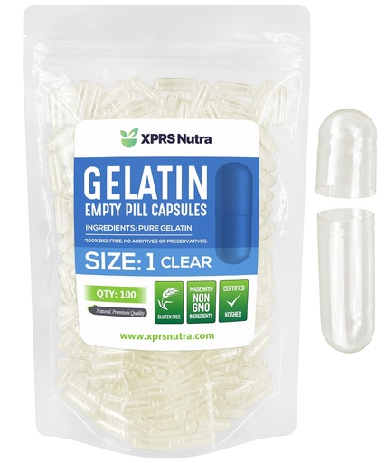 [BRSWKEAAOQMQI3IZ] XPRS Nutra Size 1 Empty Capsules - 100 Count Clear Empty Gelatin Capsules - Empty Pill Capsules - DIY Capsule Filling - Fillable Pure Bovine Pill Capsules Empty Gel Caps Pills