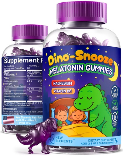 [BRSREZT5AF6B4CL2] New Elements Melatonin Gummies Kids 2mg with Magnesium Glycinate & Vitamin B6 | Sleep Gummies for Kids | Dinosaur-Shaped Sleep Support | Natural Grape Flavor | Sugar Free | Non-GMO | Gluten Free