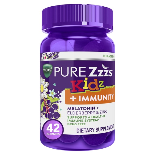[BRSW2AYTOJ6BODIZ] Pure Zzzs Kidz + Immunity by Vicks, Melatonin Sleep Aid Gummies for Kids and Children, Zinc for Immune Support, Low Dose Melatonin, Berry Flavored, 42 Gummies