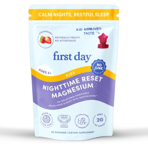 [BRSRAHAYAANB6D37] FIRST DAY Kids Magnesium Citrate Gummies (Ages 4+) with No Melatonin | Calm Kids Magnesium Gummies | Bedtime Supplement for Better Sleep with Suntheanine® L-Theanine | Strawberry | 30-Days Supply