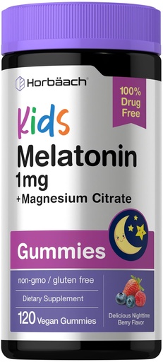[BRSREHD5CAPR6ELH] Horbaach Kids Melatonin & Magnesium | 120 Vegan Gummies | Berry Flavor | 100% Drug Free | Non-GMO and Gluten Free