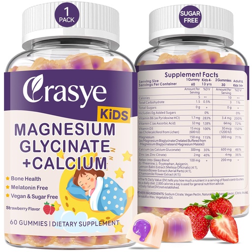 [BRSRECQROIJQYYD2] Magnesium Glycinate + Calcium Gummies for Kids Sugar Free Magnesium Gummy Kids Sleep Gummies Melatonin Free Magnesium Supplement for Children Zzz & Relax, Brain, Bone