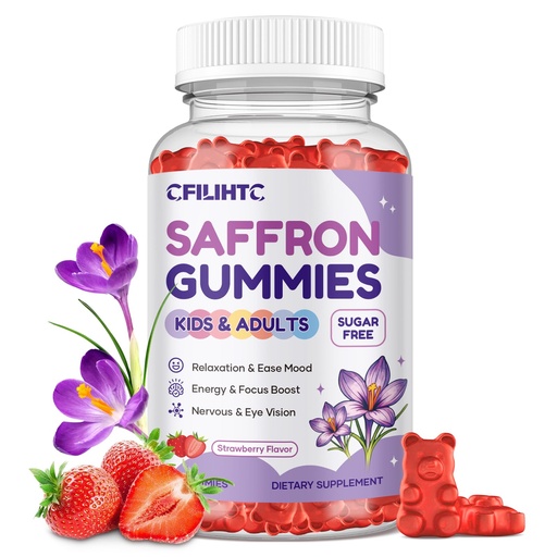 [BRSREC37OB6QYDYY] Saffron Gummies for Kids & Adults, 20-in-1 Saffron Supplements with 88.5mg Saffron Extract, B6, B12, C, D3, Magnesium for Calm, Focus, Nerve, Sugar Free, Vegan, Non-GMO - Strawberry Flavor, 60 Counts