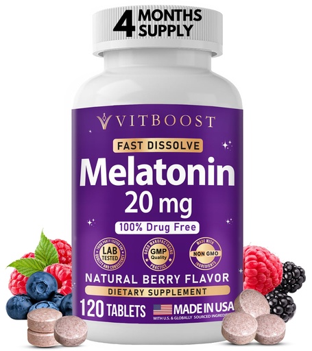 [BRSRGGA7OYHROHT5] VITBOOST Melatonin 20mg Fast Dissolve Sleep Aid Tablets for Adults - Melatonin Extra Strength, Natural Berry Flavor, 3rd Party Tested, Drug-Free, Non-GMO, Made in USA - 120 Count (4-Month Supply)