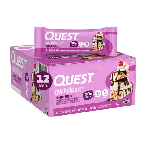 [BRSRAAL7B4BBS33K] Quest Nutrition Overload Protein Bars, Sundae Funday, 20g Protein, 1g Sugar, 4g Net Carbs, Gluten Free, 12 Count