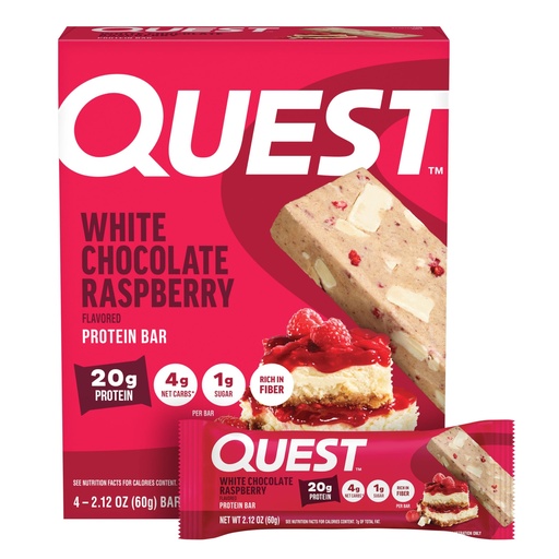[BRSWGZ37BZ6QM2T6] Quest Nutrition White Chocolate Raspberry Protein Bars, 20g Protein, 1g Sugar, 5g Net Carb, High Fiber, Gluten Free, Keto Friendly, 4 Count