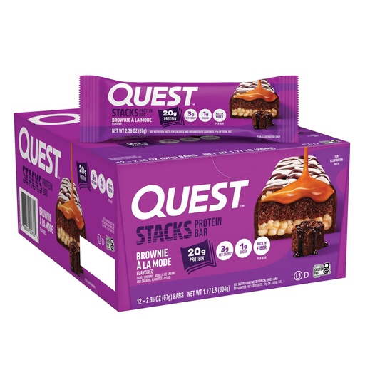 [BRSRGZA3AQDWMYAZ] Quest Nutrition Stacks Protein Bars, Brownie a la Mode Flavor, 20g Protein, 3g Net Carbs, 1g Sugar, High Fiber, Low Sugar, Gluten Free, 12 Count