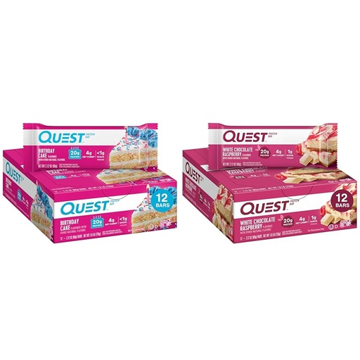 [BRSRAYANO4NGYA34] Quest Birthday Cake & White Chocolate Raspberry Protein Bars, High Protein, Gluten Free, Keto, 12 Count Each