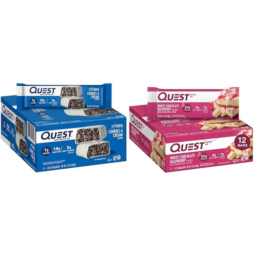 [BRSRAYANOIGWMAA2] Quest Cookies & Cream and White Chocolate Raspberry Protein Bars Bundle, 18-20g Protein, 1g Sugar, Gluten Free, Keto Friendly, 12 Count