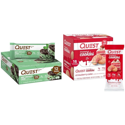 [BRSRAYYYCMBBSGQY] Quest Protein Bars (12) & Frosted Cookies Twin Pack (16) - Mint Chocolate Chunk and Strawberry Cake Flavors