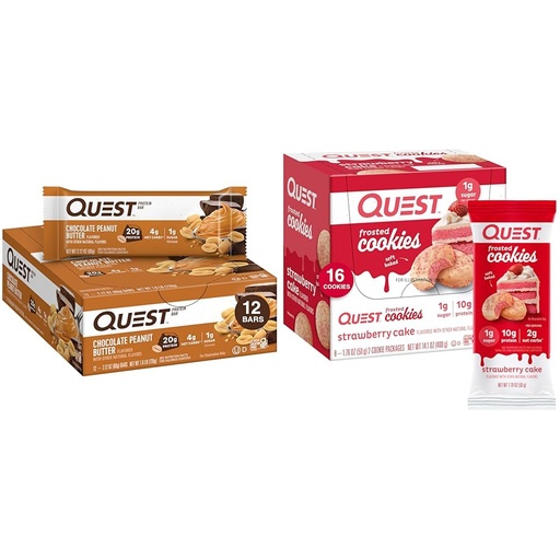 [BRSRAYYYPMIW23TO] Quest Nutrition Chocolate Peanut Butter Protein Bars & Strawberry Cake Frosted Cookies Twin Pack Bundle, 12 Bars & 16 Cookies