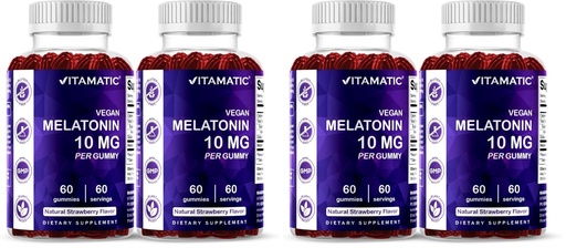 [BRSRGFI7C55AA33X] Vitamatic Melatonin 10 mg Vegetarian Gummies – Non-Habit Forming – 60 Gummies per Bottle – 4-Pack (Total 120 Vegan Gummies)
