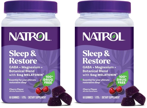 [BRSRGGQNOF5AM33F] Natrol Sleep + Restore Magnesium Glycinate Blend Gummies with Melatonin 5mg - Calm Magnesium with GABA,Botanical Blend,Cherry Flavor,60 Gummies,(Pack of 2)