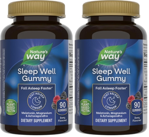 [BRSRGGQKCAHWYH3F] Nature's Way Sleep Well Melatonin and Magnesium Gummies,Sleep Support for Adults*,with Ashwagandha,Berry Flavored,90 Gummies,(Pack of 2)
