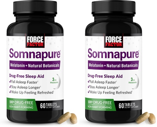 [BRSRAY35DMBQYAL3] Force Factor Somnapure Drug-Free Sleep Aid for Adults for Occasional Sleeplessness with Melatonin & Valerian, Non-Habit-Forming Sleeping Pills, Wake Up Refreshed, 60 Tablets (Pack of 2)