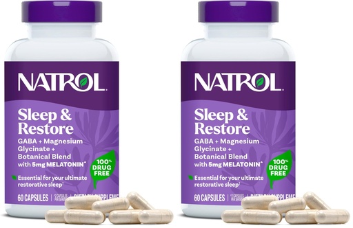 [BRSRGGQKPMCRSDTA] Natrol Sleep & Restore Capsules - Calm Magnesium Glycinate,Magnesium Sleep Aid with GABA,Melatonin 5mg,Botanical Blend,30 Day Supply,(Pack of 2)