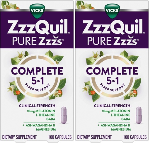 [BRSRGGQNAANWMALX] ZzzQuil Pure Zzzs Complete Sleep,Melatonin 10mg,L-Theanine,GABA,with Ashwagandha,and Magnesium,Melatonin Sleep Aid,100 Count (Pack of 2)