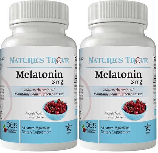 [BRSRGGQZBMGRY234] Nature's Trove Melatonin 3mg Chewable, 365 Chewable Melatonin Cherry Flavor Tablets (Pack of 2)
