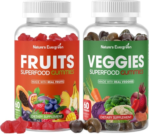 [BRSRAGATOQORE2QU] Fruits and Veggies Superfood Gummies Supplement - Fruits and Vegetables Gummy - Nature Vitamins Nutritional Balance, Vegan, Non-GMO, Gluten-Free - (Total 120 Gummies - Pack of 2) Made in USA