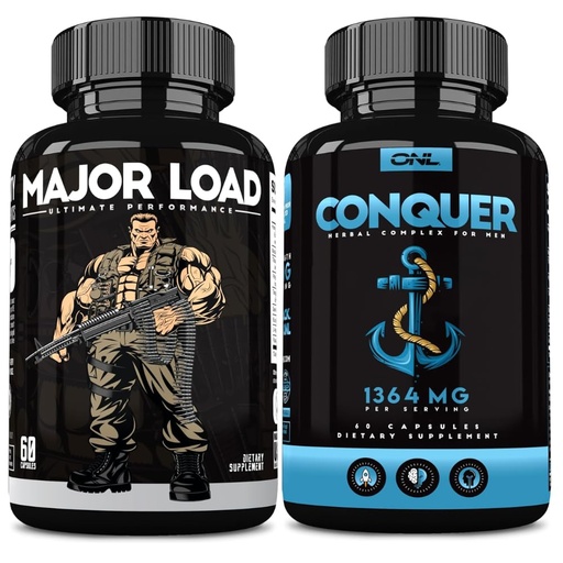 [BRSREZQ3CMIBU2DP] ONL Testosterone Booster & Vitality Bundle for Men – Major Load + Conquer – Energy, Strength & Fertility Support – with Tongkat Ali, Maca Root, Horny Goat Weed & Tribulus Terrestris (60 Ct Each)