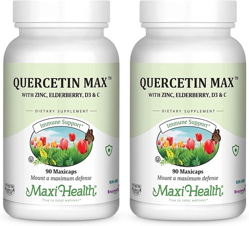 [BRSROZQ7CQPA4AYV] Maxi Health Quercetin 500mg Cápsulas – Suplementos de zinco para mulheres e homens – Não-GMO, Kosher, e Gluten-Free Quercetin Suplementos com Elderberry Vitamina C e Zinc (90 Veg Cápsulas, Pacote de 2)
