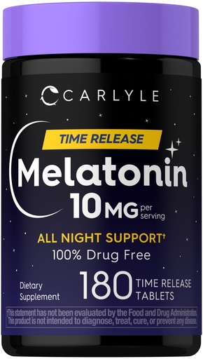 [BRSREBQ5BAIGO33B] Carlyle Melatonin 10mg | 180 Time Release Tablets | All Night Support | with Vitamin B6 | 100% Drug Free Supplement | Vegan, Non-GMO, Gluten Free