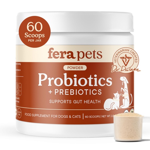 [BRSWG2TQOZ6BMAA7] Fera Pets Probiotics for Dogs & Cats with Prebiotics - USDA Organic - Gut Health Powder Supplement with 12 Strains and 5 Billion CFUs - Supports Immunity, Energy and Skin & Coat - 60 Scoops