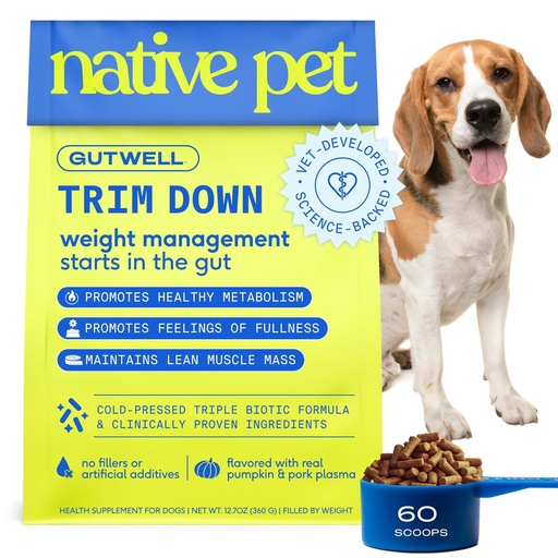 [BRSREGD3A4CBYELK] Native Pet GutWell Trim Down - Weight Management Dog Food Topper & Weight Loss Supplement Promotes Feelings of Fullness, Healthy Metabolism & Lean Muscles with Triple-Biotic & L-Carnitine - 60 Scoops
