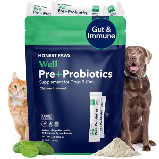 [BRSW2YYPCVYW2ADP] Honest Paws Probiotics for Dogs - Digestive & Immune Support Powder with Prebiotic Made in The USA, Chicken Flavor (30 Sticks)