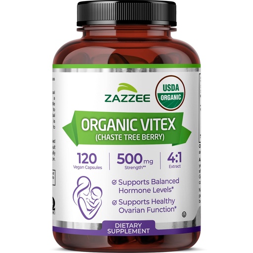 [BRSWGGQECMNAAEY4] Zazzee USDA Organic Vitex 4:1 Extract, 120 Vegan Capsules, 4 Month Supply, Chaste Berry, Hormonal Balance & Cycle Support for Women, Certified Kosher, Vitex Agnus-Castus, Non-GMO, Made in the USA