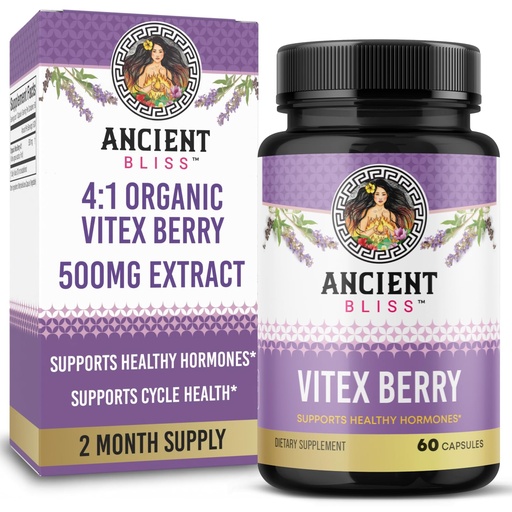 [BRSRGAYNBUORS2QZ] Ancient Bliss Vitex Chasteberry Supplement – Organic Vitex Agnus-Castus 4:1 Extract 500 mg – Supports Hormone Balance for Women, Cycle Health & Monthly Comfort Support – 60 Capsules