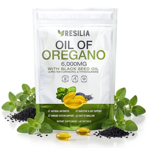 [BRSRECAKOEHQEET2] Resilia Softgels with Black Seed Oil 6000mg – Organic Oregano Oil Capsules for Immune & Digestive Support – Non-GMO, Gluten-Free Softgels – Natural Herbal Wellness Supplement (60 Count)