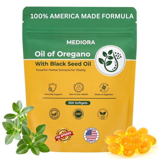 [BRSRGYYKCB4GEFY3] Oil of Oregano with Black Seed Oil Softgels, 300 Count, 2 in 1 Organic Oregano Capsules for Digestive & Immune Support, Carvacrol & Thymoquinone, Plant Based, Non-GMO, Gluten Free