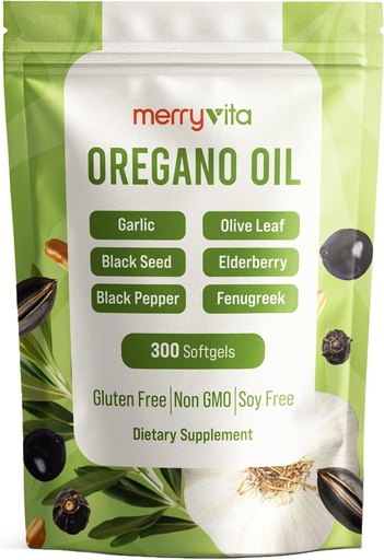 [BRSREYLQCMCBECY6] MERRY VITA Oil of Oregano with Black Seed Oil– Oregano Oil Capsules Organic, High Carvacrol – Aceite de Orégano Cápsulas, Immune Support Supplement – Non-GMO - 300 Softgels