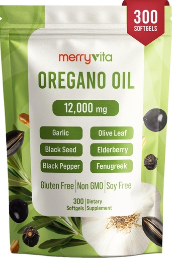 [BRSREYLQCMCBECY6] MERRY VITA Oil of Oregano with Black Seed Oil– Oregano Oil Capsules Organic, High Carvacrol – Aceite de Orégano Cápsulas, Immune Support Supplement – Non-GMO - 300 Softgels