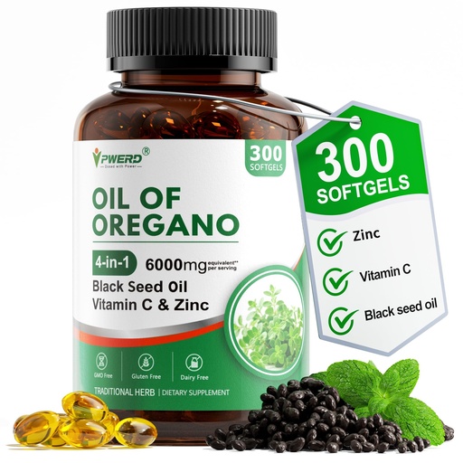 [BRSREEDROUMR6FY4] Oil of Oregano with Black Seed Oil Softgels,4 in 1 Organic Oregano Oil Capsules for Immune & Digestive Support – Non-GMO, Gluten-Free Softgels – Natural Herbal Wellness Supplement (300 Count)