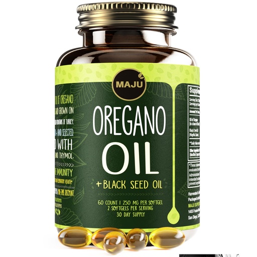 [BRSREZQ2AUAWGCTP] MAJU Oregano Capsules w/Black Seed Oil, 2-in-1 Softgel Oil of Oregano, Potent 90%+ Carvacrol, High Thymoquinone, 60 Count, 500mg per Serving, Wild Oregano and Black Seeds