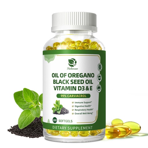[BRSRE2T2BAORME3D] Organic Oregano Oil Capsules with Black Seed Oil, Ultra-Concentrated 99% Carvacrol, 5-in-1 with Vitamin D3 E Black Pepper, Immune, Respiratory, Digestive & Antioxidant*, 180 Softgels, Easy to Swallow