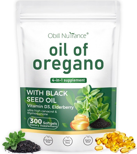 [BRSRAAIDAF5AODQU] Oil of Oregano Softgels,300 Count, 4-in-1 Oil of Oregano with Black Seed Oil, Vitamin D3 & Elderberry for Immune & Digestive Health, Oregano Oil Capsules Organic, High Carvacrol & Thymoquinone,Non-GMO