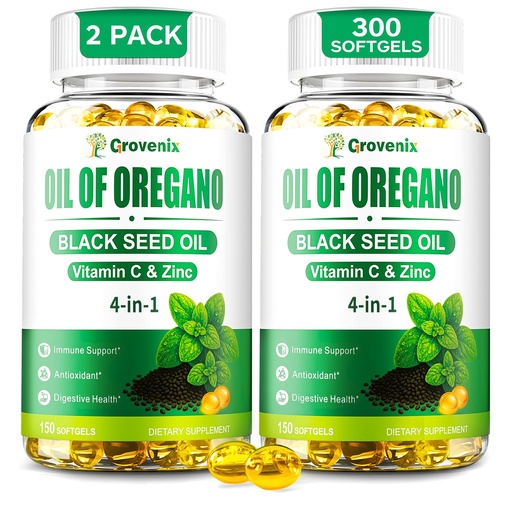 [BRSRECADO4JWY3I7] Oil of Oregano with Black Seed Oil, 300 Softgels | Organic | 4-in-1 Oregano Supplement for Immune Health with High Carvacrol & Thymoquinone + Vitamin C & Zinc | Plant-Based, Non-GMO